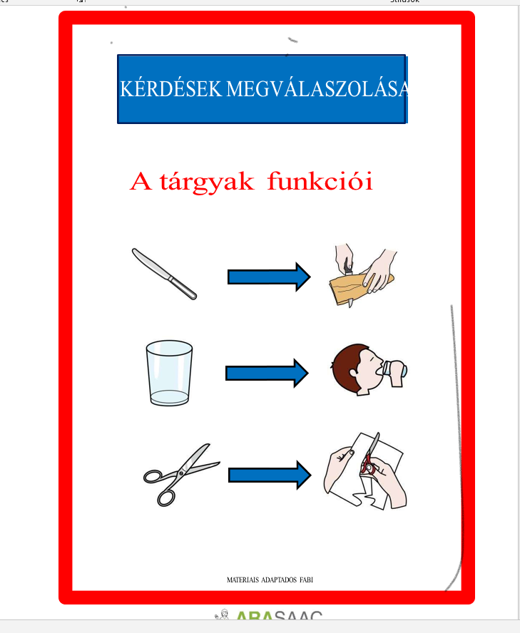 TEACCH anyag – Kérdések megválaszolása: a tárgyak funkciói